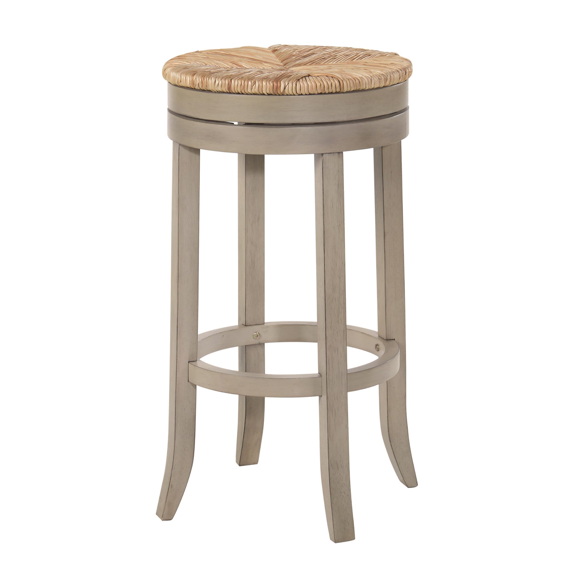 30" Natural And Gray Rush And Solid Wood Backless Bar Height Swivel Bar Chair