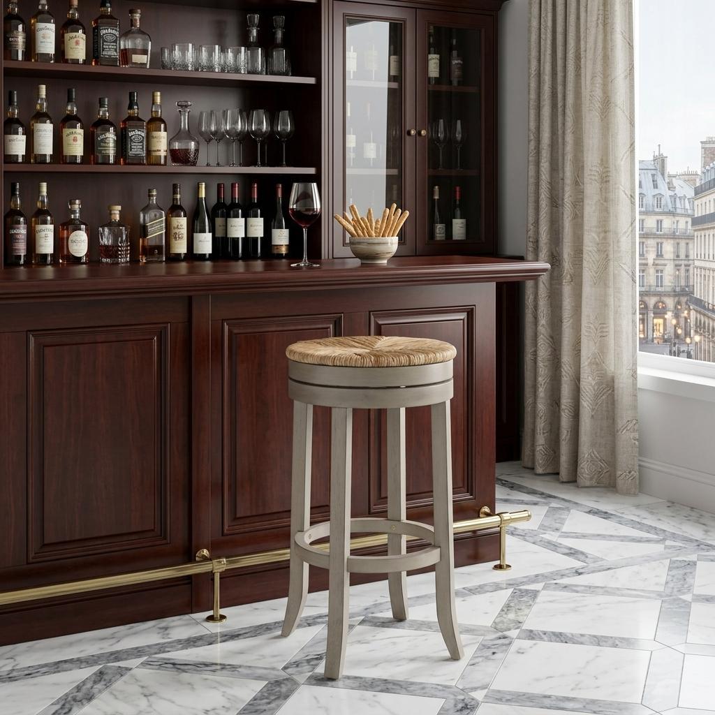 30" Natural And Gray Rush And Solid Wood Backless Bar Height Swivel Bar Chair