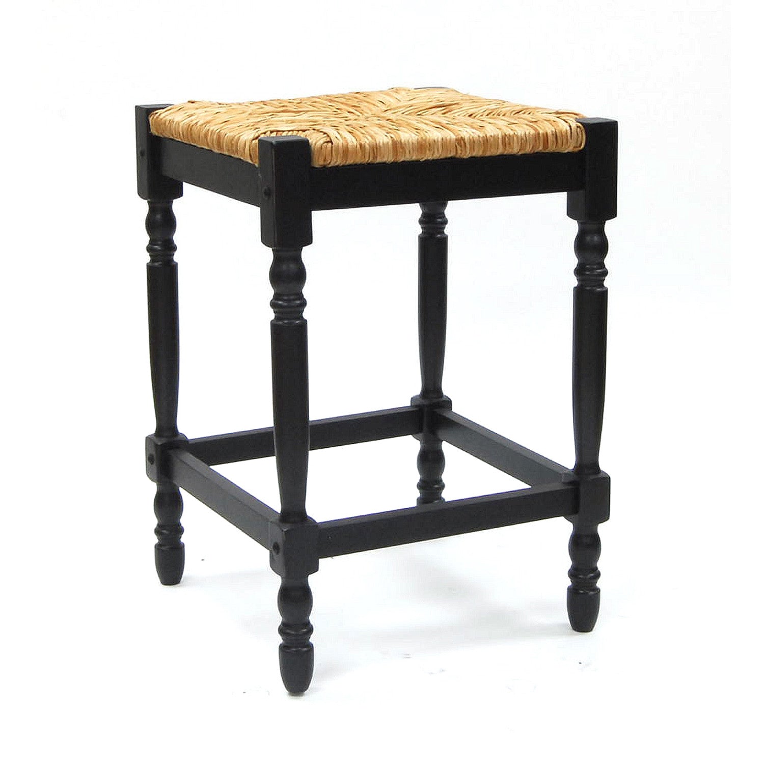 24" Natural And Black Rush And Solid Wood Backless Counter Height Bar Chair