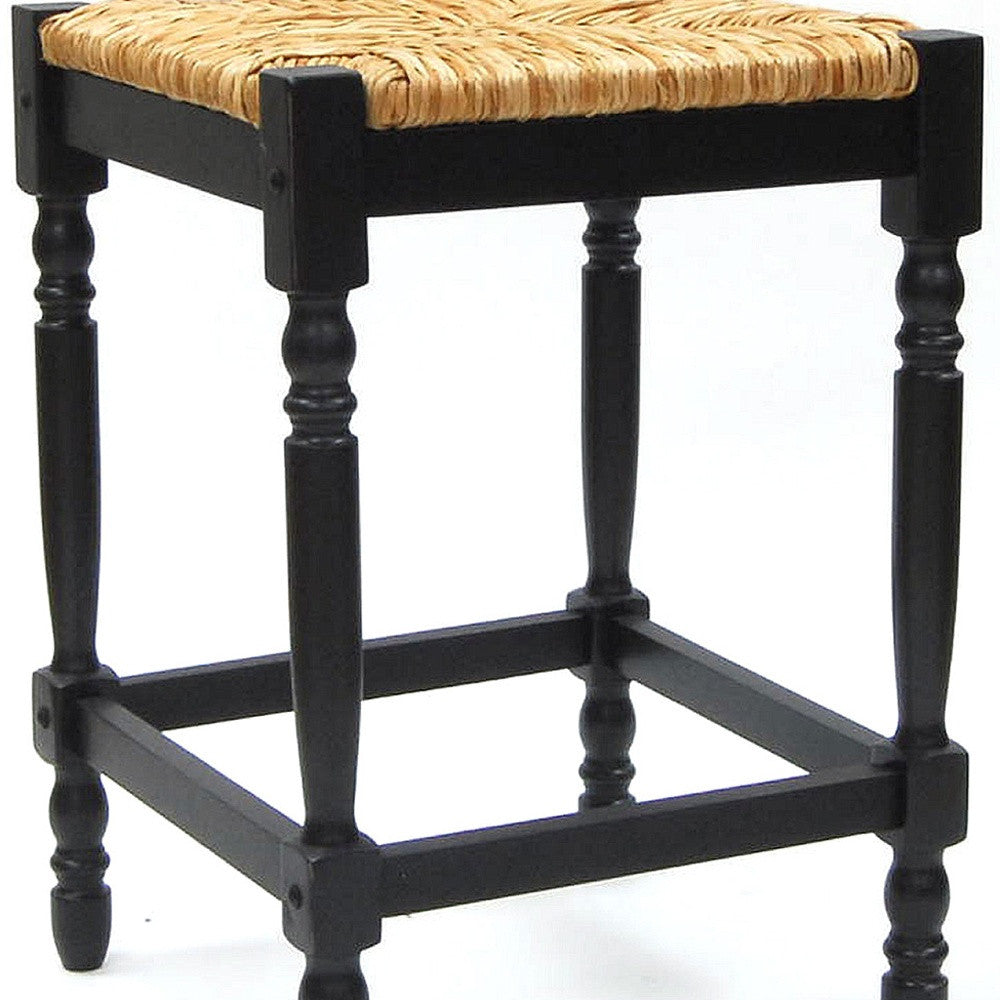 24" Natural And Black Rush And Solid Wood Backless Counter Height Bar Chair