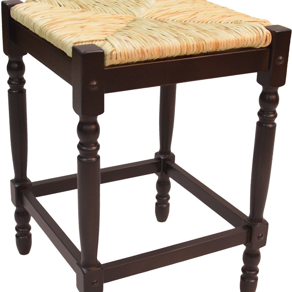 24" Natural And Espresso Rush And Solid Wood Backless Counter Height Bar Chair