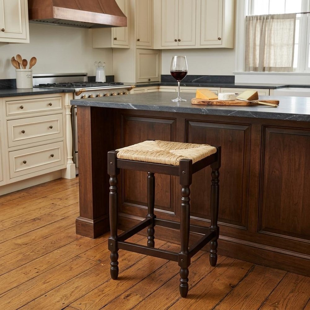 24" Natural And Espresso Rush And Solid Wood Backless Counter Height Bar Chair