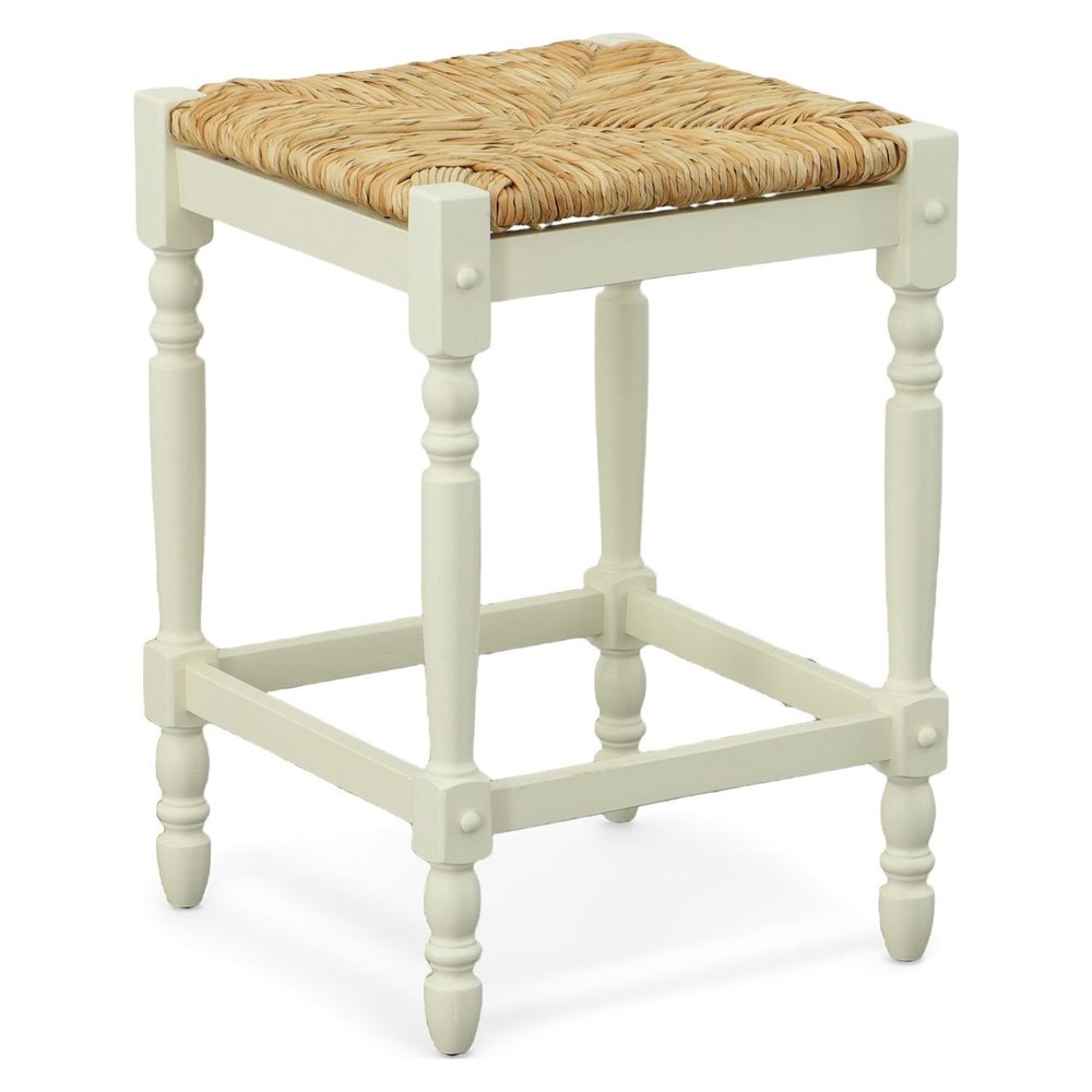 24" Natural And Antiqued White Rush And Solid Wood Backless Counter Height Bar Chair