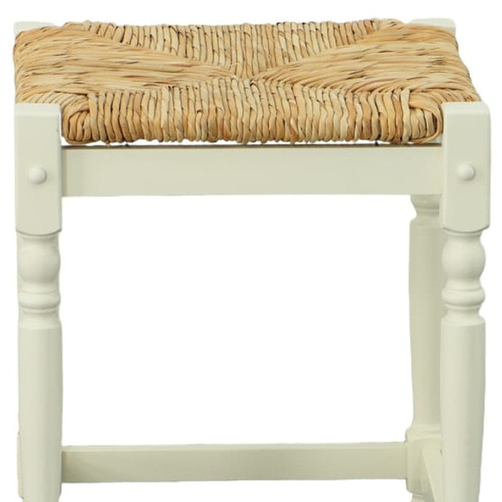24" Natural And Antiqued White Rush And Solid Wood Backless Counter Height Bar Chair