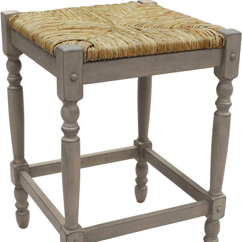 24" Natural And Gray Rush And Solid Wood Backless Counter Height Bar Chair