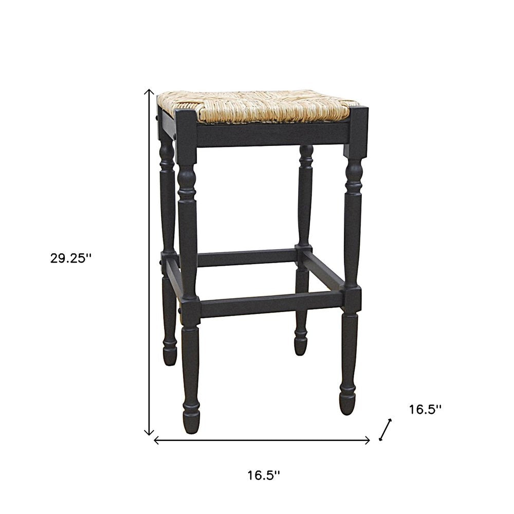 29" Natural And Black Rush And Solid Wood Backless Bar Height Bar Chair