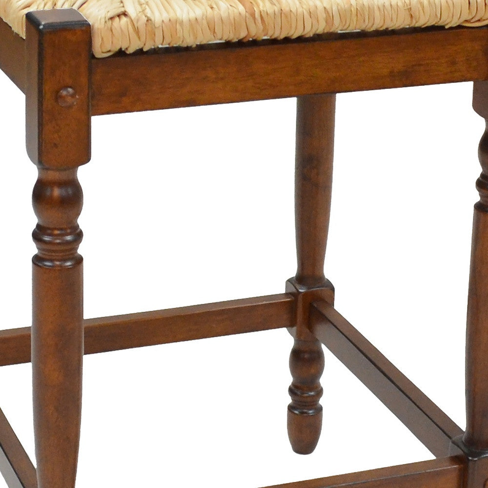 29" Natural And Chestnut Rush And Solid Wood Backless Bar Height Bar Chair