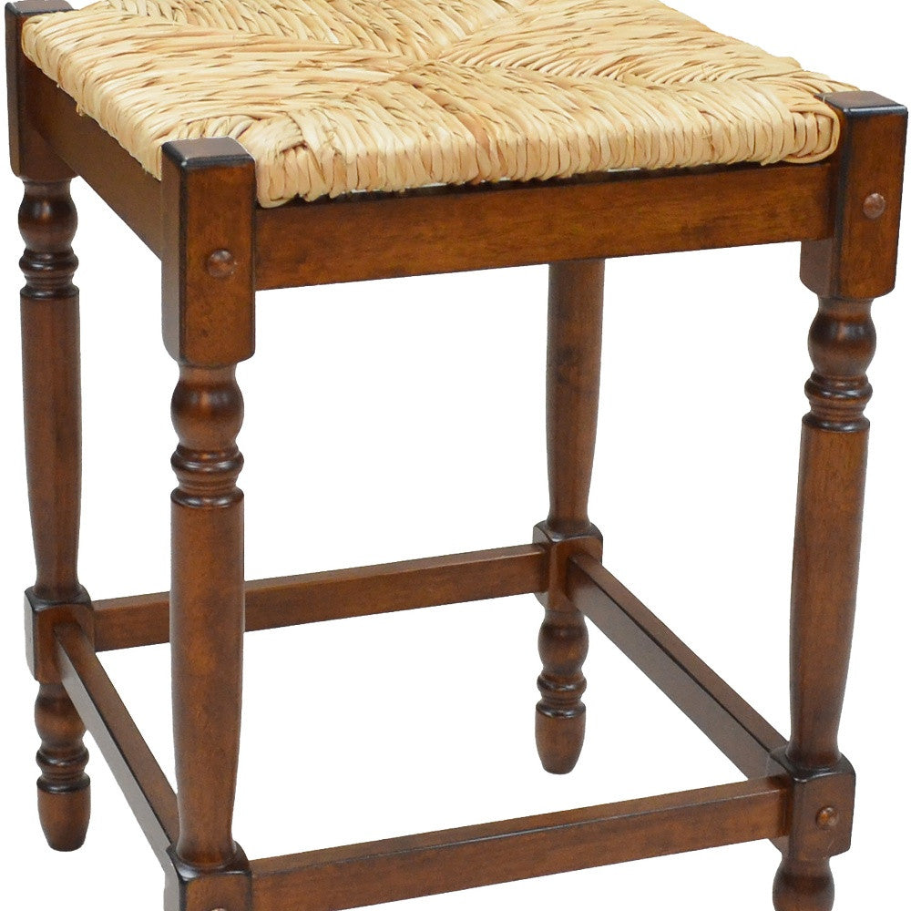 29" Natural And Chestnut Rush And Solid Wood Backless Bar Height Bar Chair