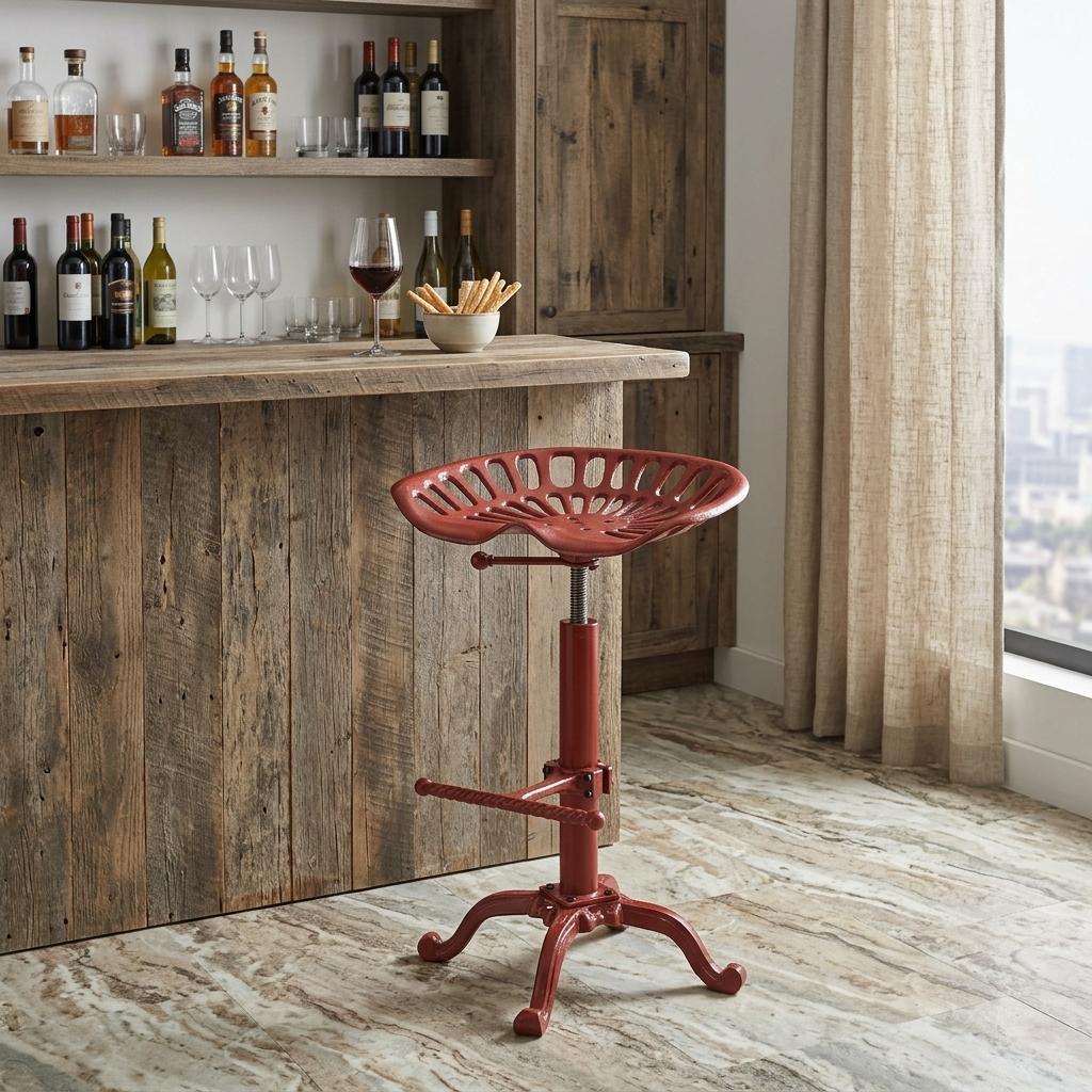 Red Iron Backless Adjustable Height Bar Chair