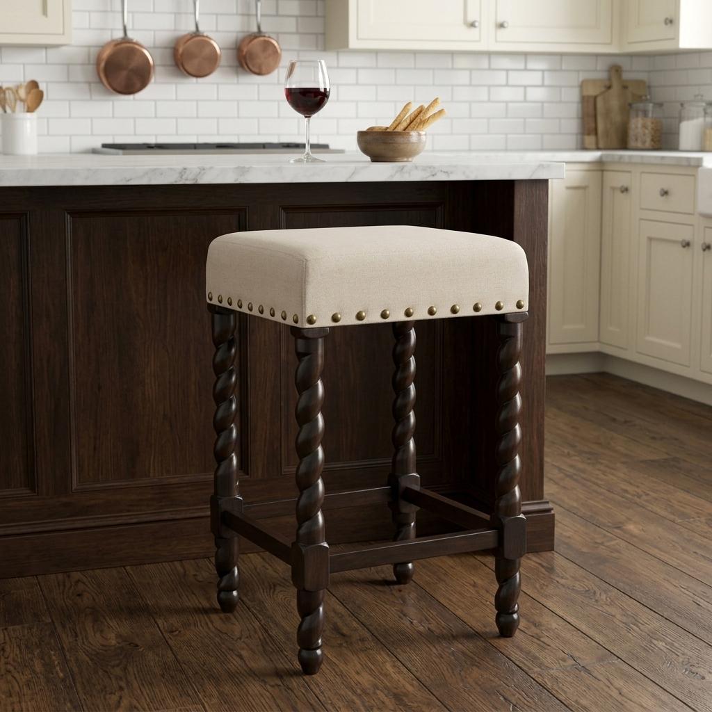 24" Cream And Espresso Fabric And Solid Wood Backless Counter Height Bar Chair