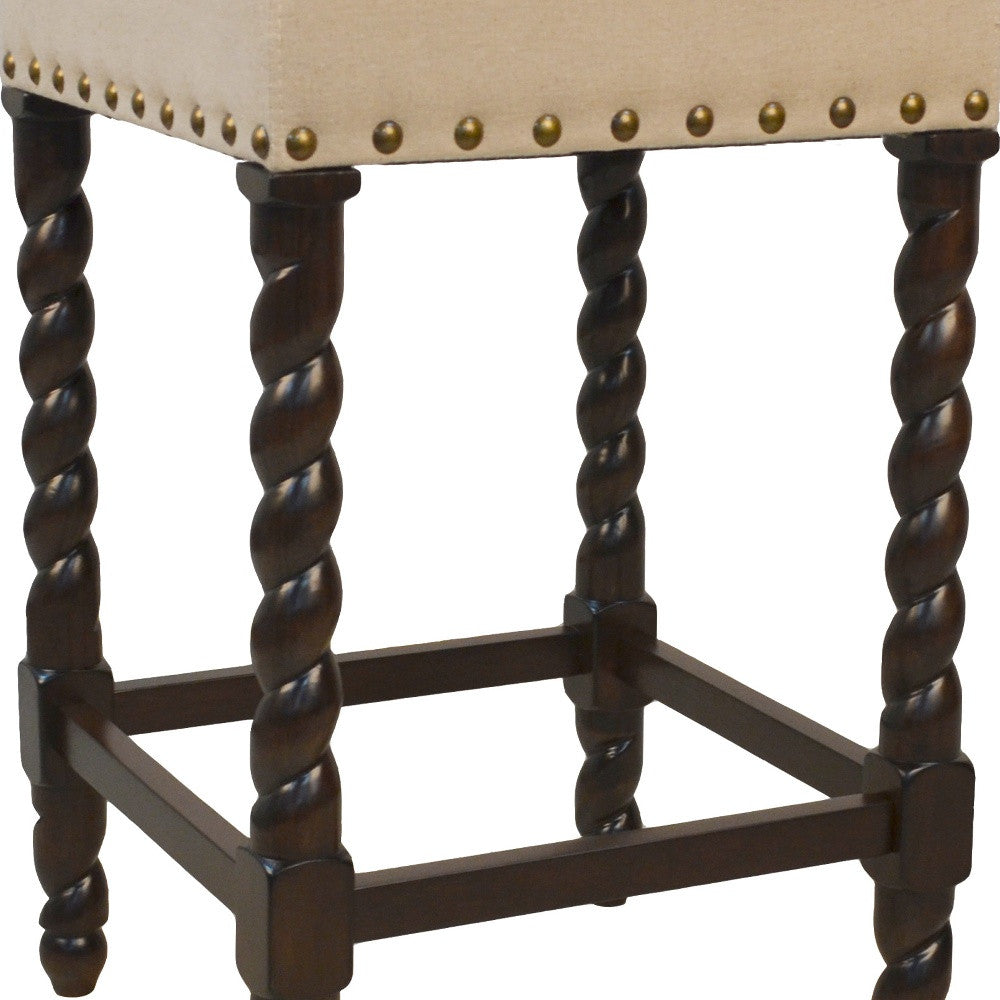 24" Cream And Espresso Fabric And Solid Wood Backless Counter Height Bar Chair