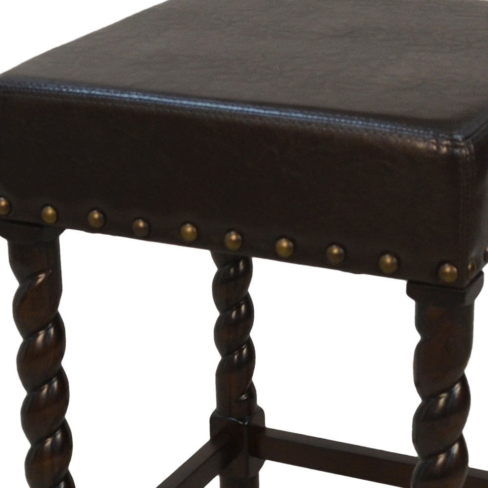 24" Black And Espresso Faux Leather And Fabric And Solid Wood Backless Counter Height Bar Chair