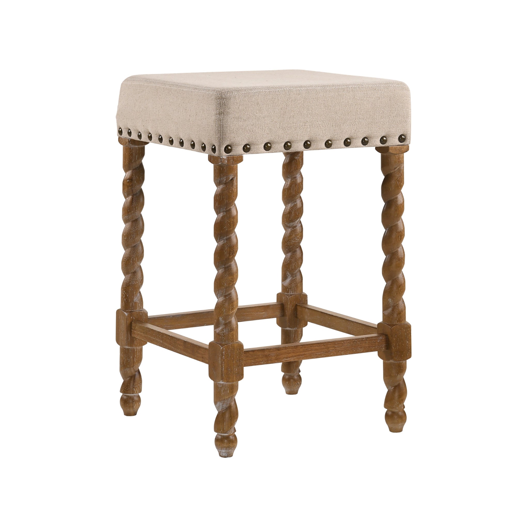 24" Cream And Natural Faux Leather And Fabric And Solid Wood Backless Counter Height Bar Chair
