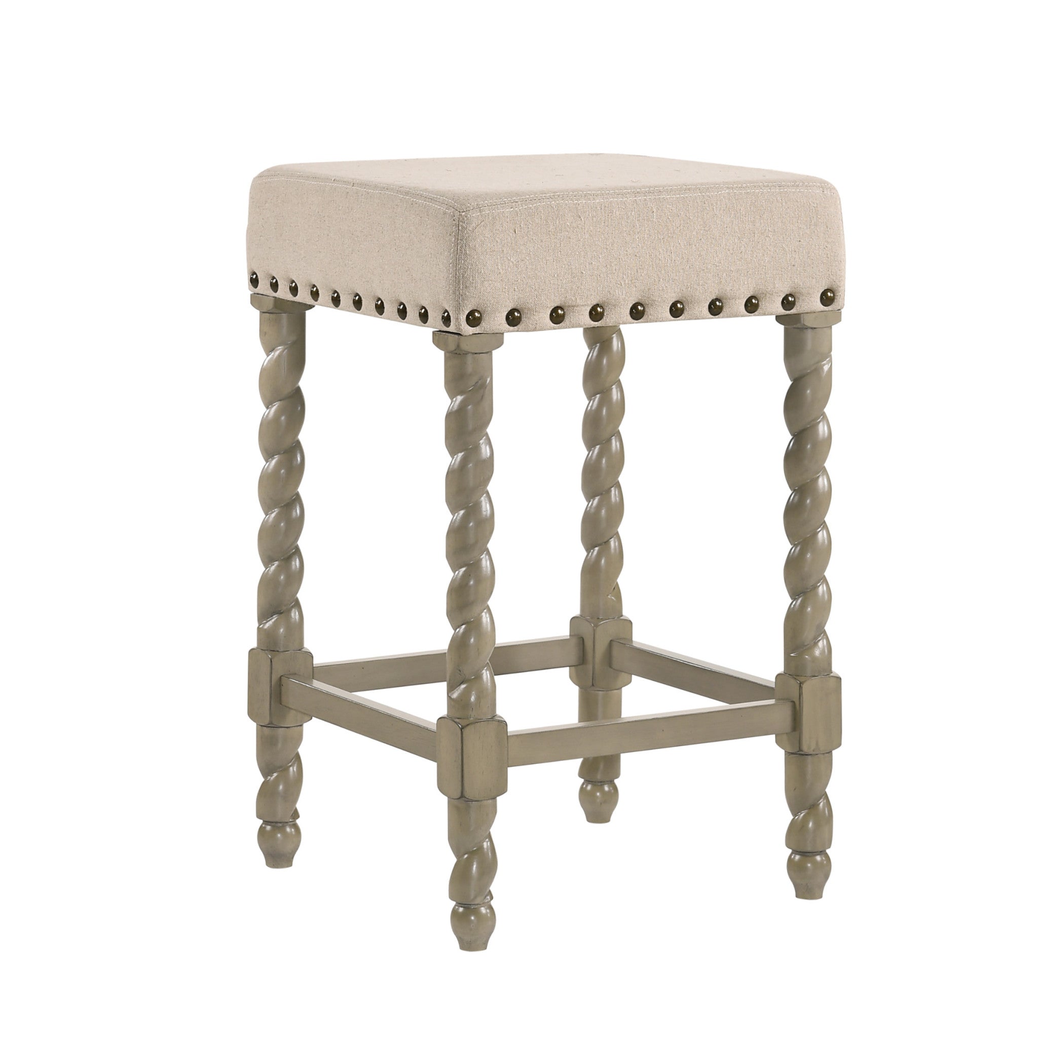 24" Cream And Gray Fabric And Solid Wood Backless Counter Height Bar Chair