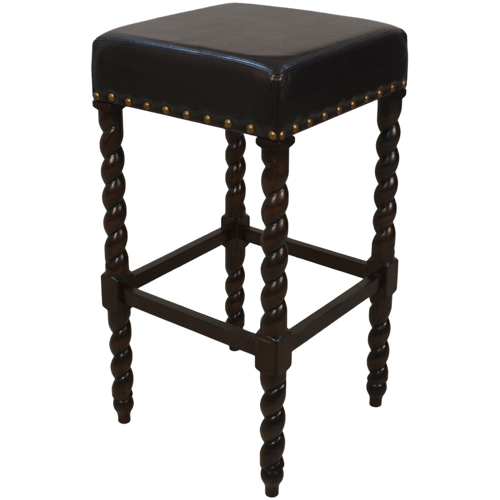 30" Black And Espresso Faux Leather And Fabric And Solid Wood Backless Bar Height Bar Chair