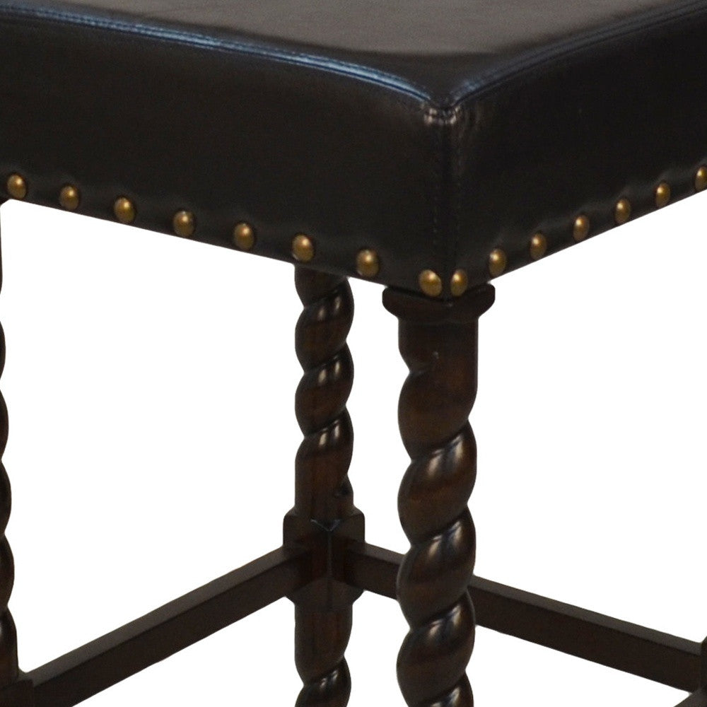 30" Black And Espresso Faux Leather And Fabric And Solid Wood Backless Bar Height Bar Chair