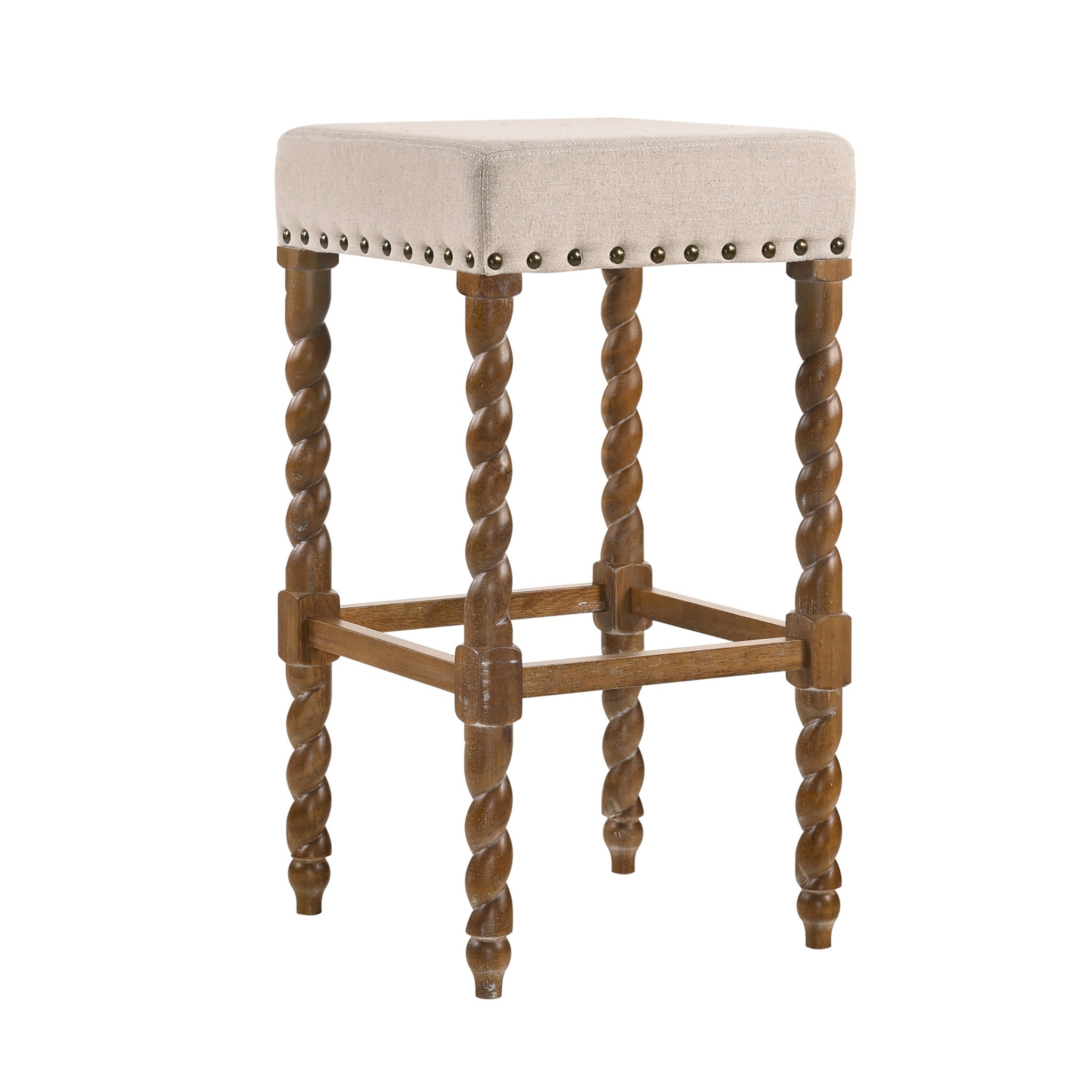 30" Cream And Natural Fabric And Solid Wood Backless Bar Height Bar Chair