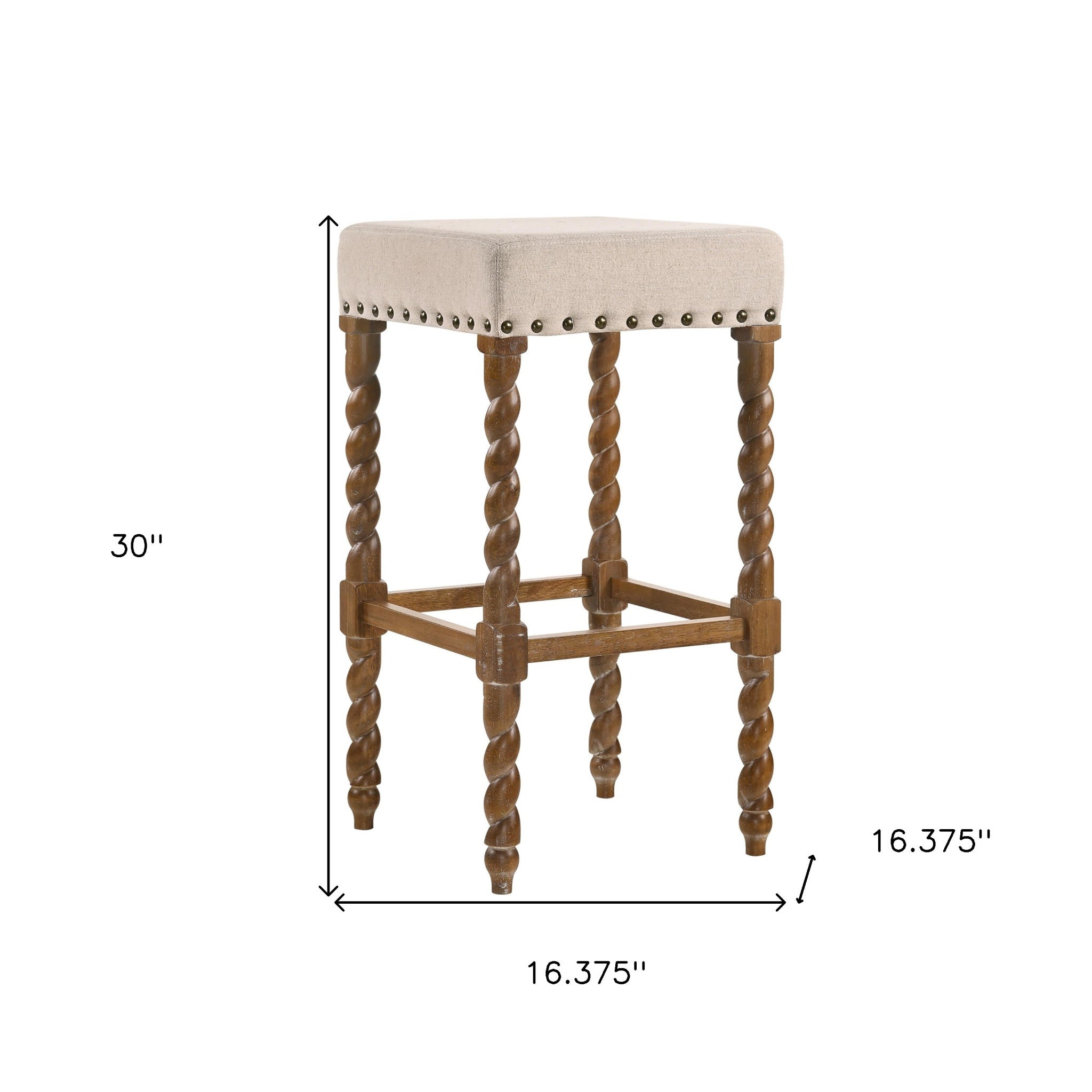 30" Cream And Natural Fabric And Solid Wood Backless Bar Height Bar Chair