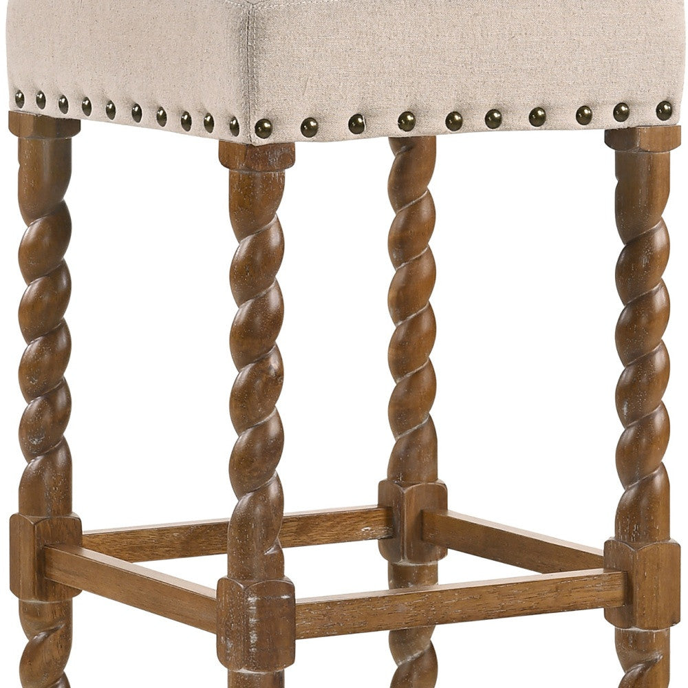 30" Cream And Natural Fabric And Solid Wood Backless Bar Height Bar Chair
