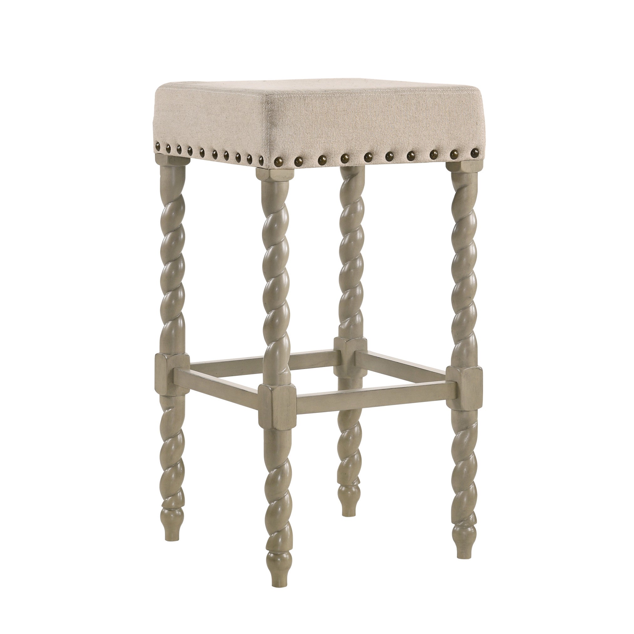 30" Cream And Gray Fabric And Solid Wood Backless Bar Height Bar Chair