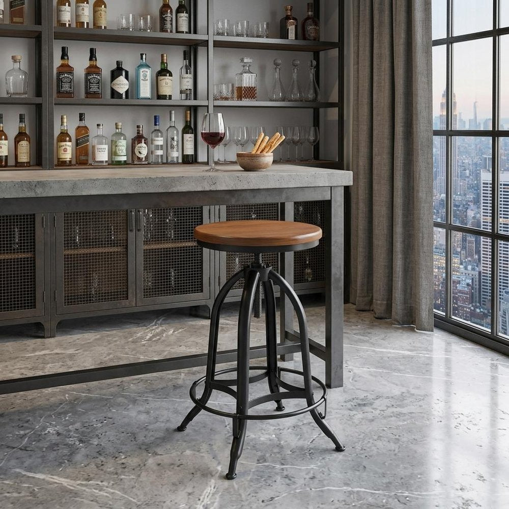 Chestnut And Black Solid Wood And Steel Backless Adjustable Height Swivel Bar Chair