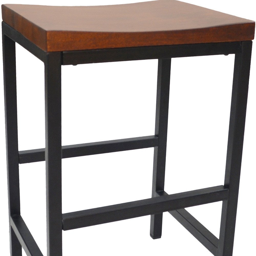24" Chestnut And Black Solid Wood And Steel Backless Counter Height Bar Chair