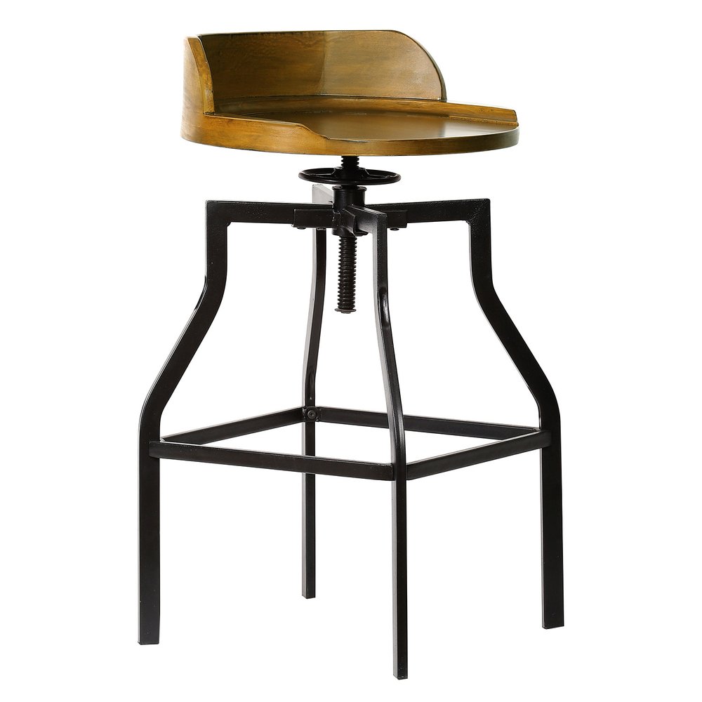 Chestnut And Black Solid Wood And Steel Backless Adjustable Height Swivel Bar Chair