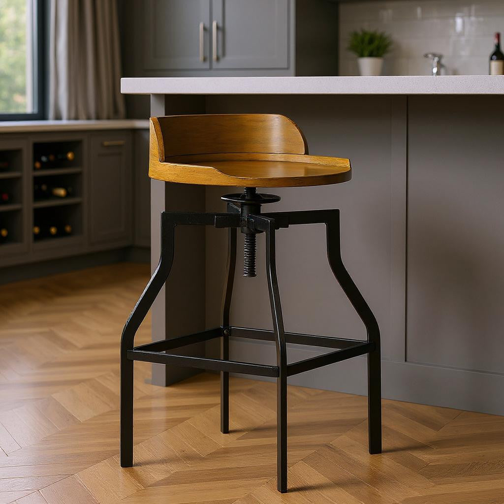 Chestnut And Black Solid Wood And Steel Backless Adjustable Height Swivel Bar Chair