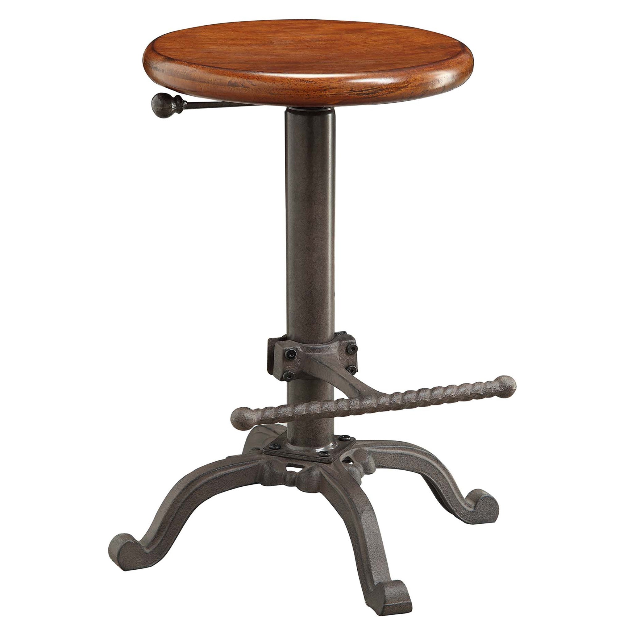 Chestnut And Gray Solid Wood And Steel Backless Adjustable Height Swivel Bar Chair