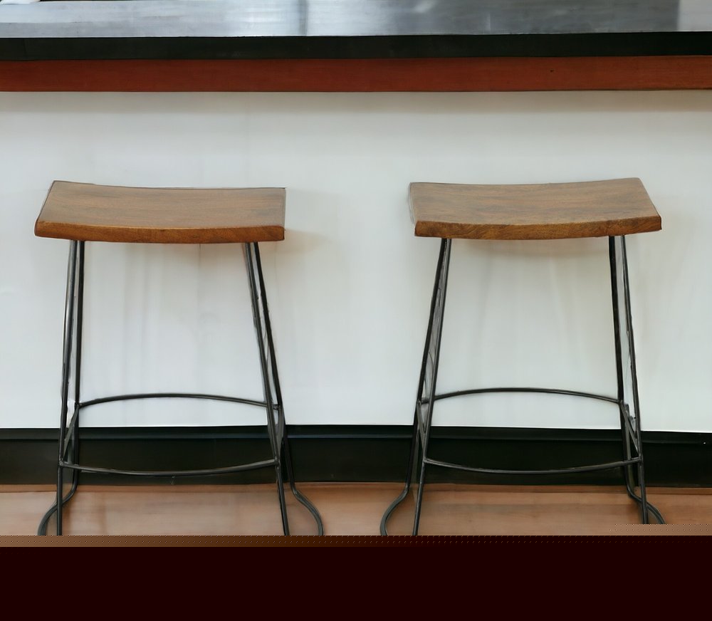 Set of Two 25" Chestnut and Black Solid Wood and Steel Backless Counter Height Bar Chairs