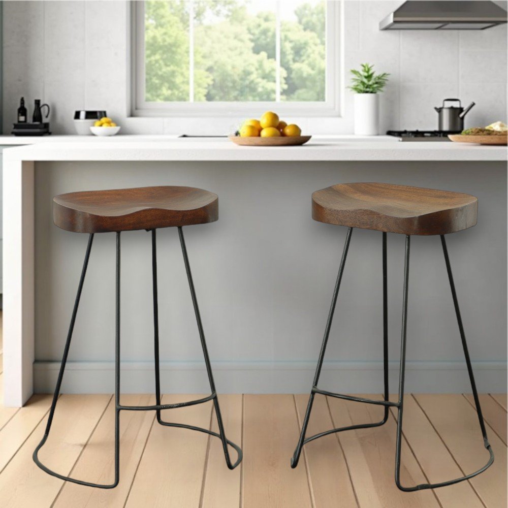 Set of Two 25" Chestnut and Black Solid Wood and Steel Backless Counter Height Bar Chairs