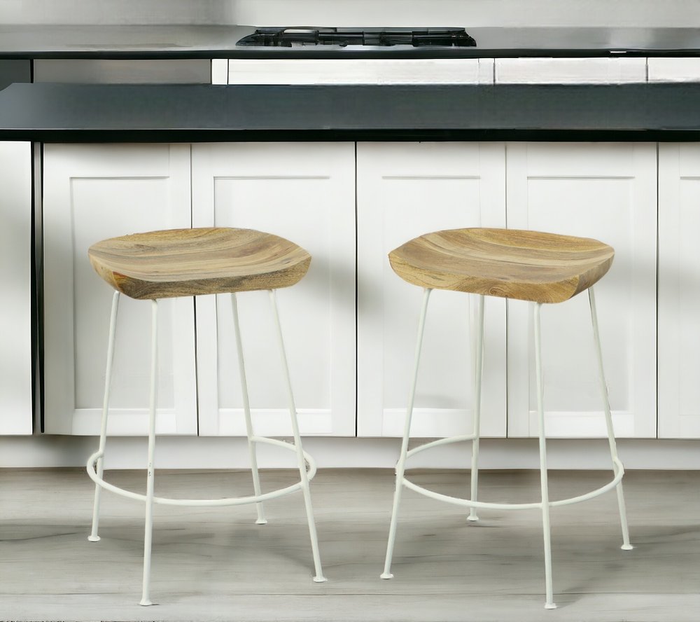 Set of Two 25" Natural and White Solid Wood and Steel Backless Counter Height Bar Chairs
