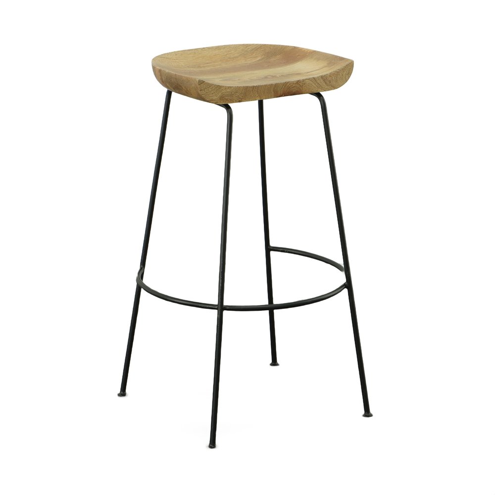 Set of Two 31" Natural and Black Solid Wood and Steel Backless Bar Height Bar Chairs