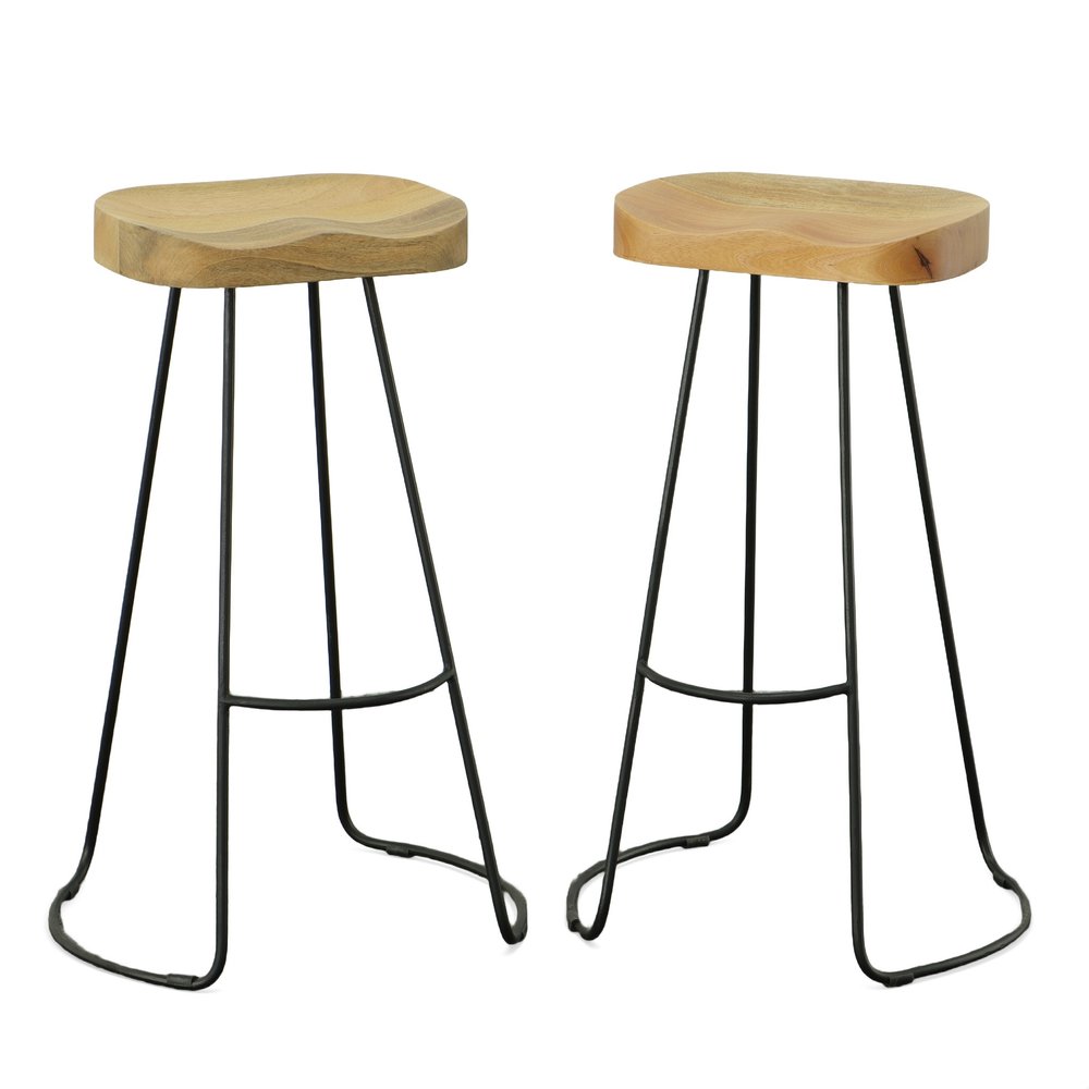 Set of Two 31" Natural and Black Solid Wood and Steel Backless Bar Height Bar Chairs