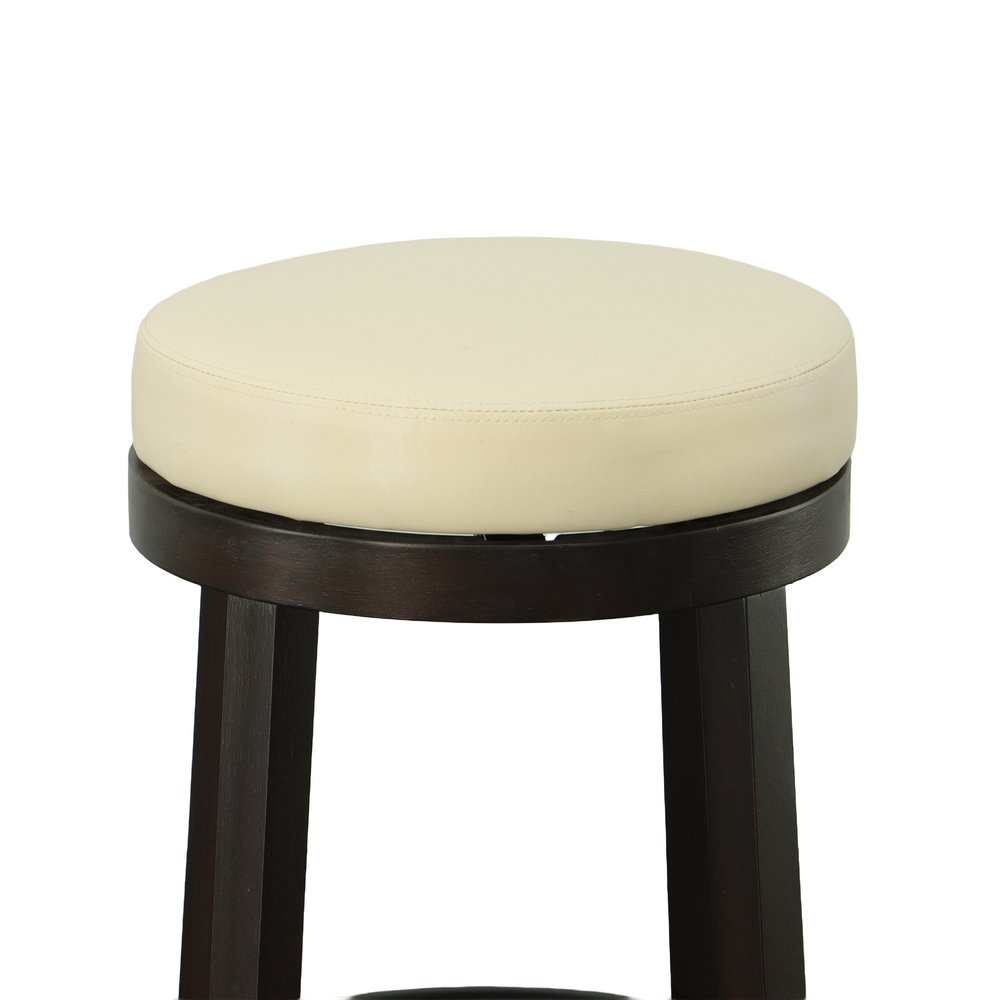 Set of Two 24" Cream and Espresso Faux Leather and Solid Wood Backless Counter Height Swivel Bar Chairs
