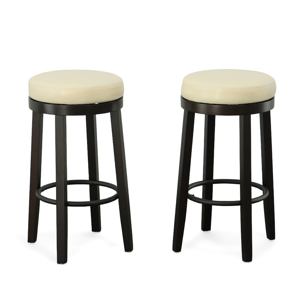 Set of Two 30" Cream and Espresso Faux Leather and Solid Wood Backless Bar Height Swivel Bar Chairs