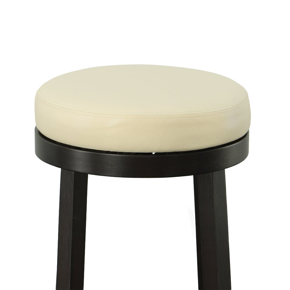 Set of Two 30" Cream and Espresso Faux Leather and Solid Wood Backless Bar Height Swivel Bar Chairs