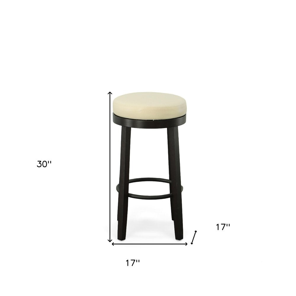 Set of Two 30" Cream and Espresso Faux Leather and Solid Wood Backless Bar Height Swivel Bar Chairs