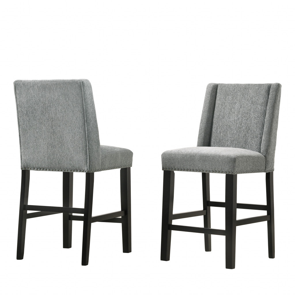 Set of Two 42" Charcoal And Espresso Fabric And Solid Wood Bar Chairs