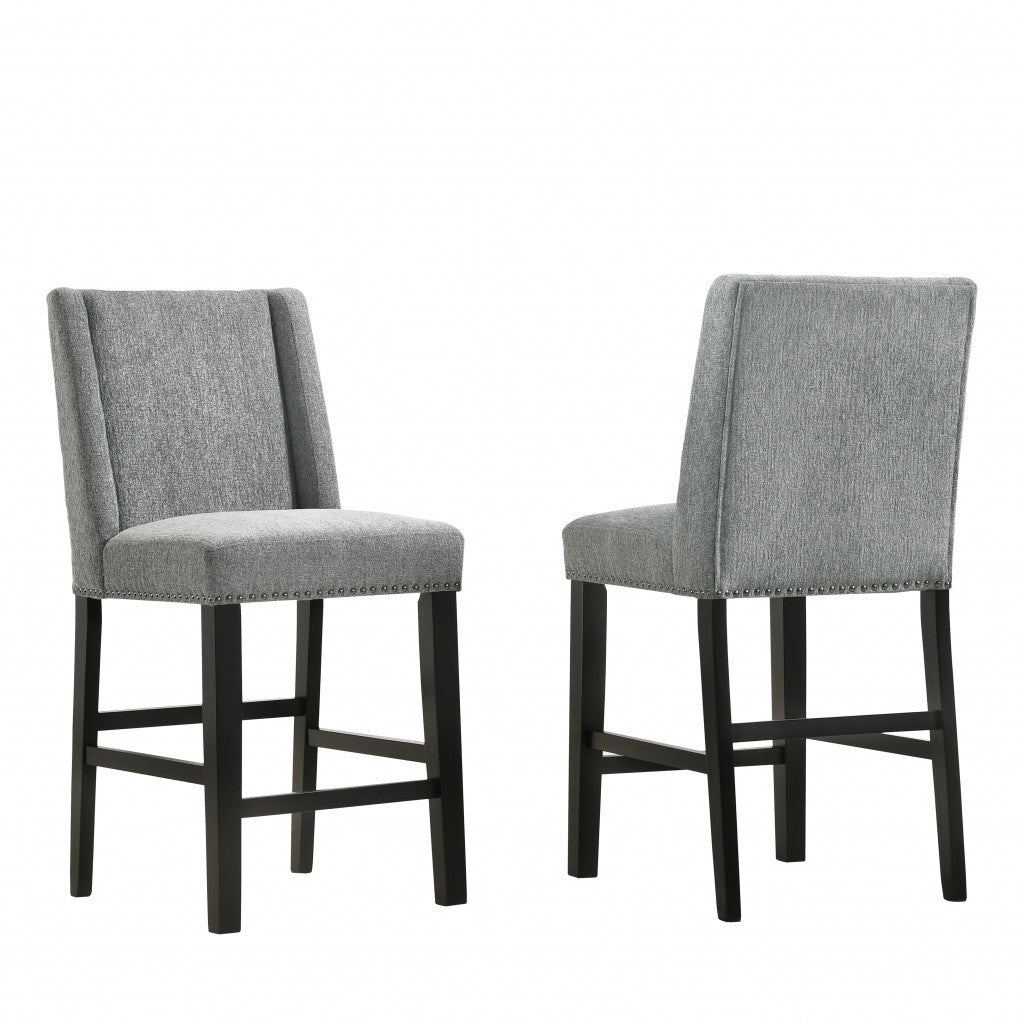 Set of Two 42" Charcoal And Espresso Fabric And Solid Wood Bar Chairs