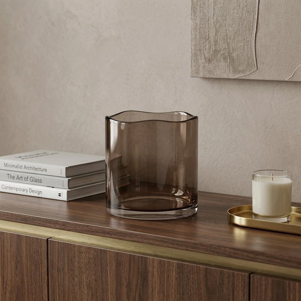 6" Brown Glass Cylindrical Table Vase With Wavy Edge Sculptural Details