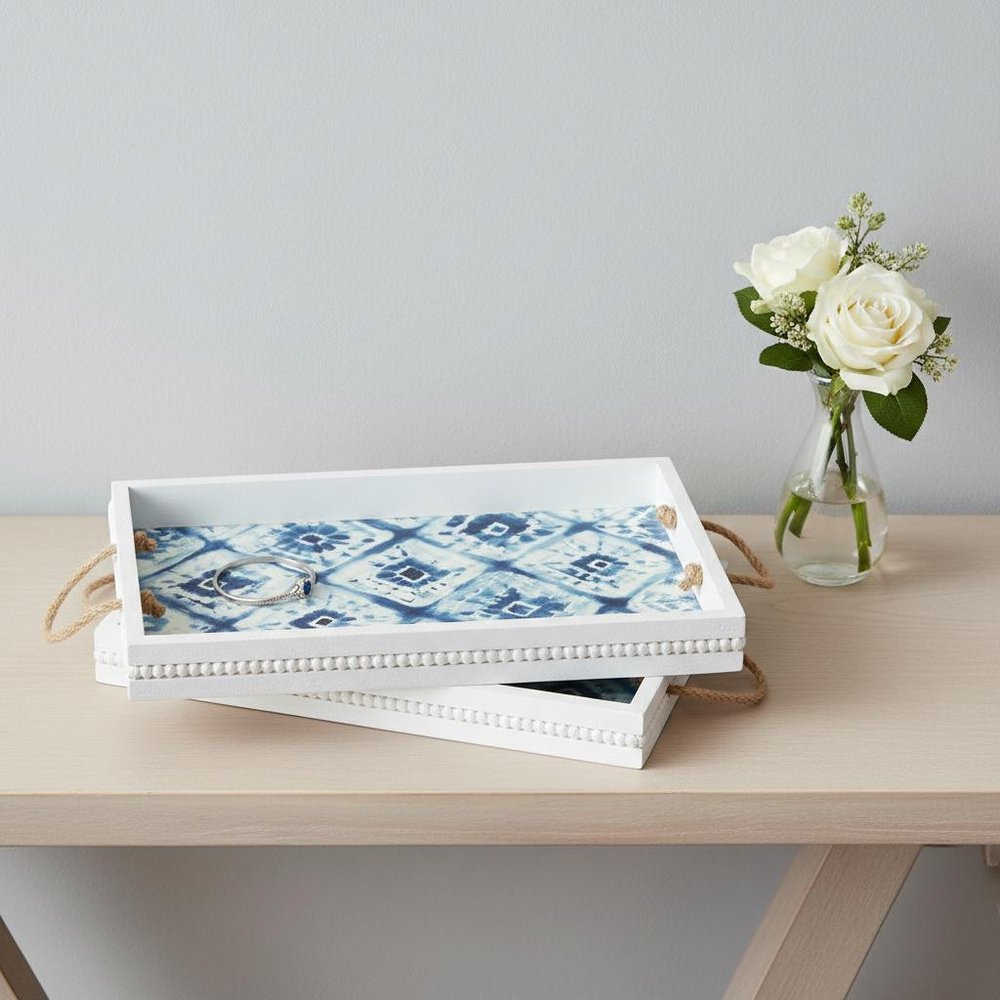 Set of Two White And Blue Solid Wood Geometric Trays With Handles