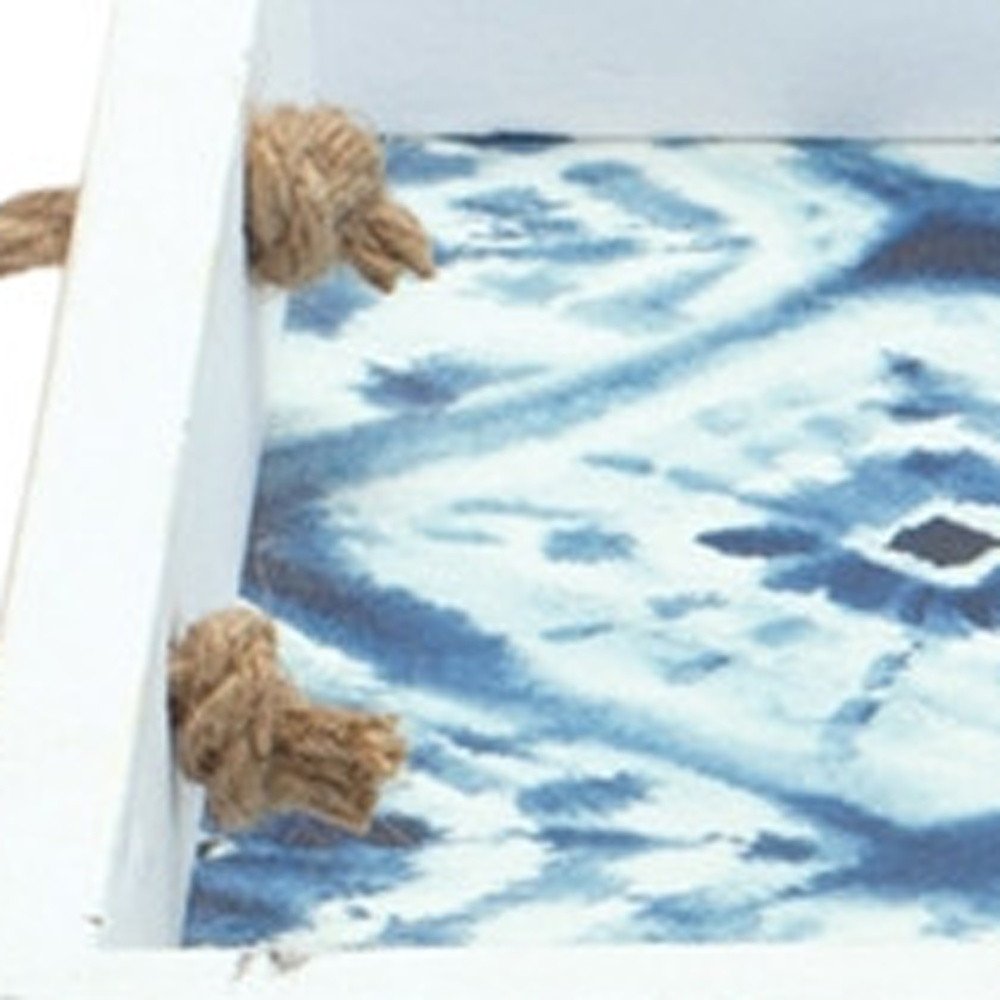 Set of Two White And Blue Solid Wood Geometric Trays With Handles