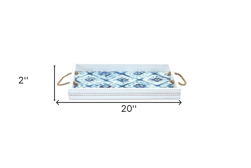 Set of Two White And Blue Solid Wood Geometric Trays With Handles