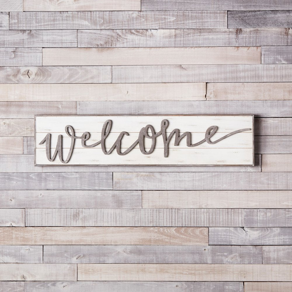 11" X 48" White And Gray Welcome Sign Wood Wall Decor
