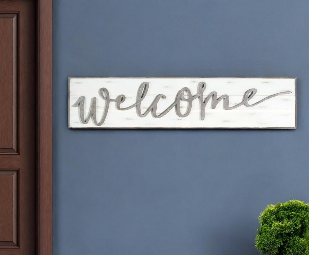 11" X 48" White And Gray Welcome Sign Wood Wall Decor