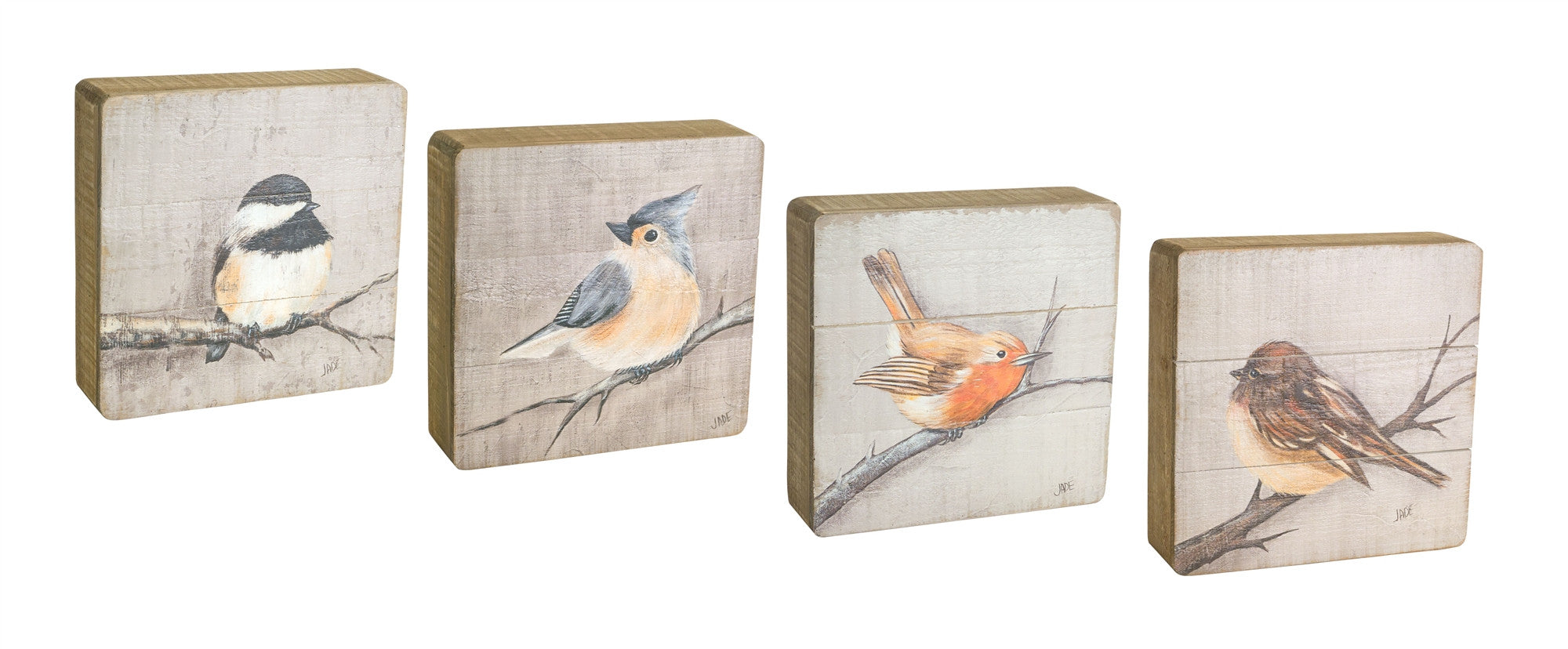 Set of Four Brown Bird Square Wood Plaques Hanging Wall Decor