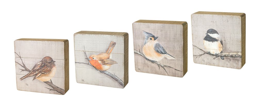 Set of Four Brown Bird Square Wood Plaques Hanging Wall Decor