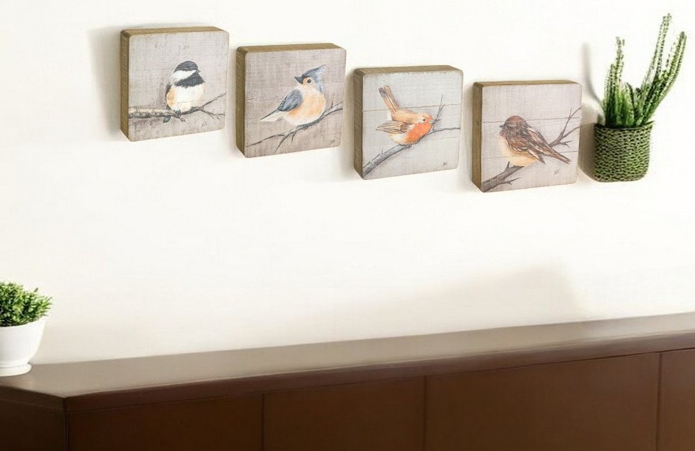 Set of Four Brown Bird Square Wood Plaques Hanging Wall Decor