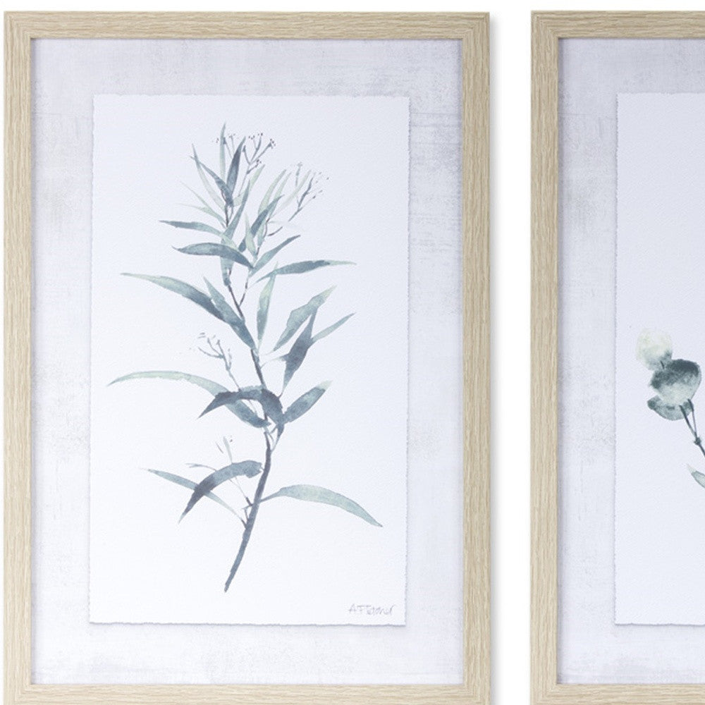 Set of Two Natural And Gray Leaf Floral Framed Art